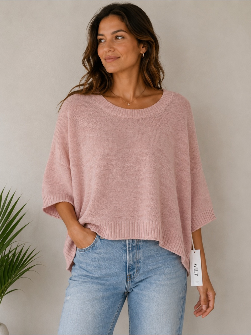 WILT Organic Linen Cotton Blend Short Sleeve Sweater |  Large | NWT